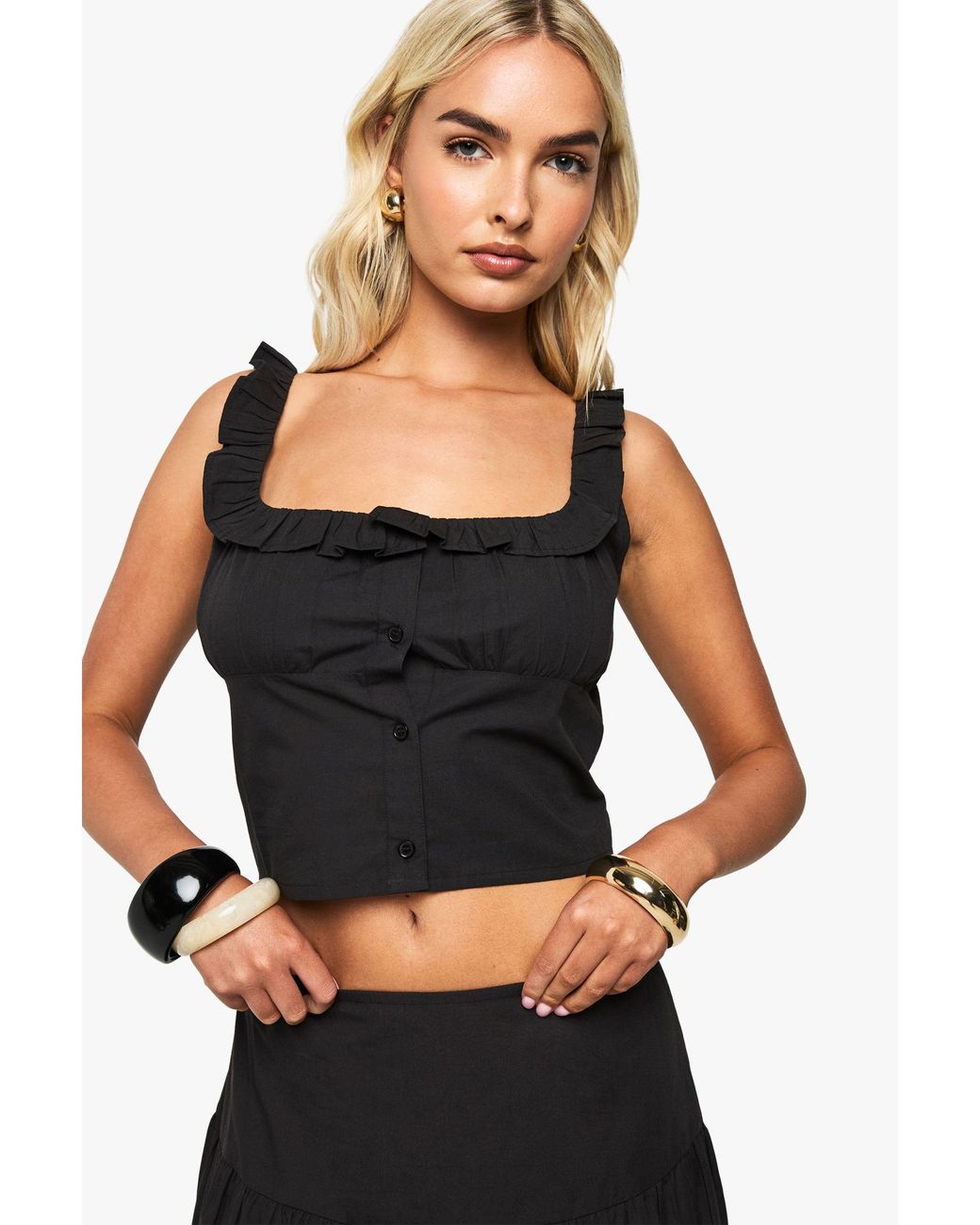 Boohoo Black Cotton Poplin Down Crop Top