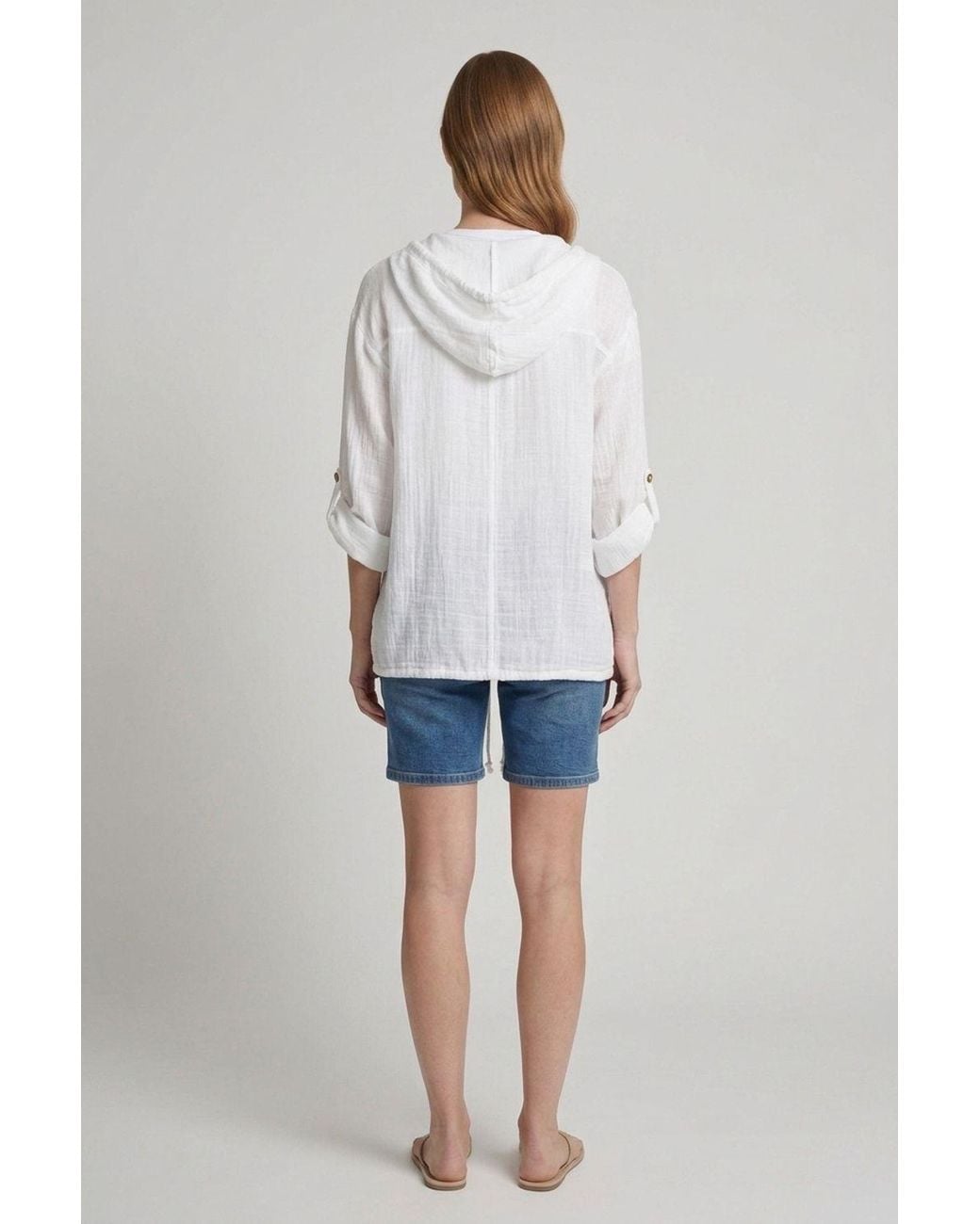 Izabel London White 3/4 Sleeve Hooded Zip Front Jacket