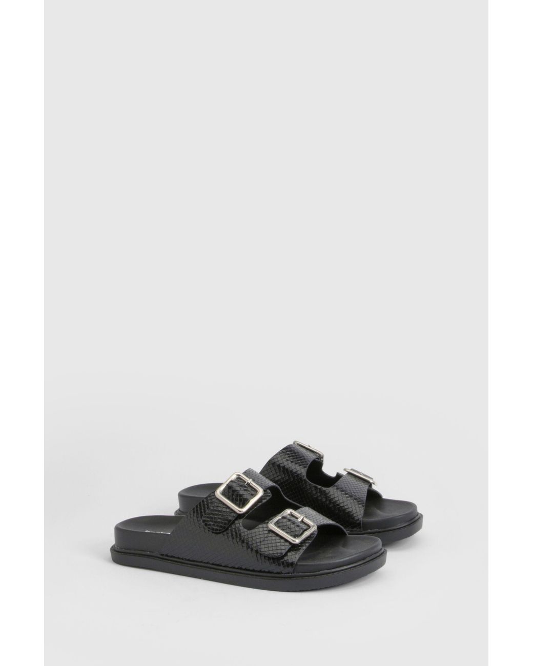 Boohoo Black Buckle Detail Double Strap Platform Sliders