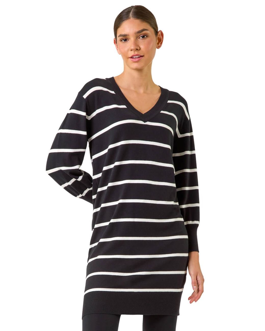 Roman Black Stripe V-Neck Knit Jumper Dress