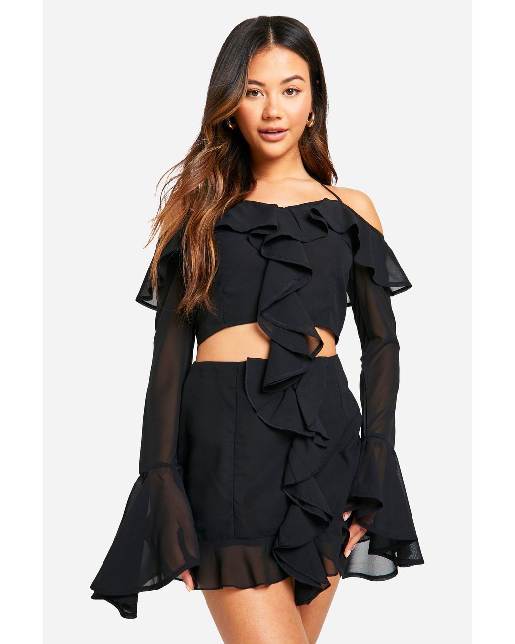 Boohoo Black Chiffon Ruffle Front Mini Skirt