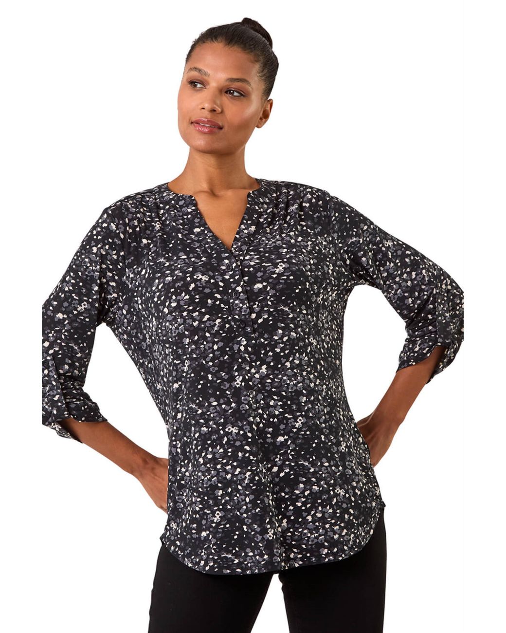 Roman Black Speckled Print Stretch Shirt