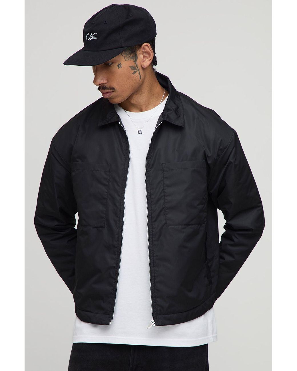BoohooMAN Blue Oversized Embroidered Padded Nylon Overshirt for men