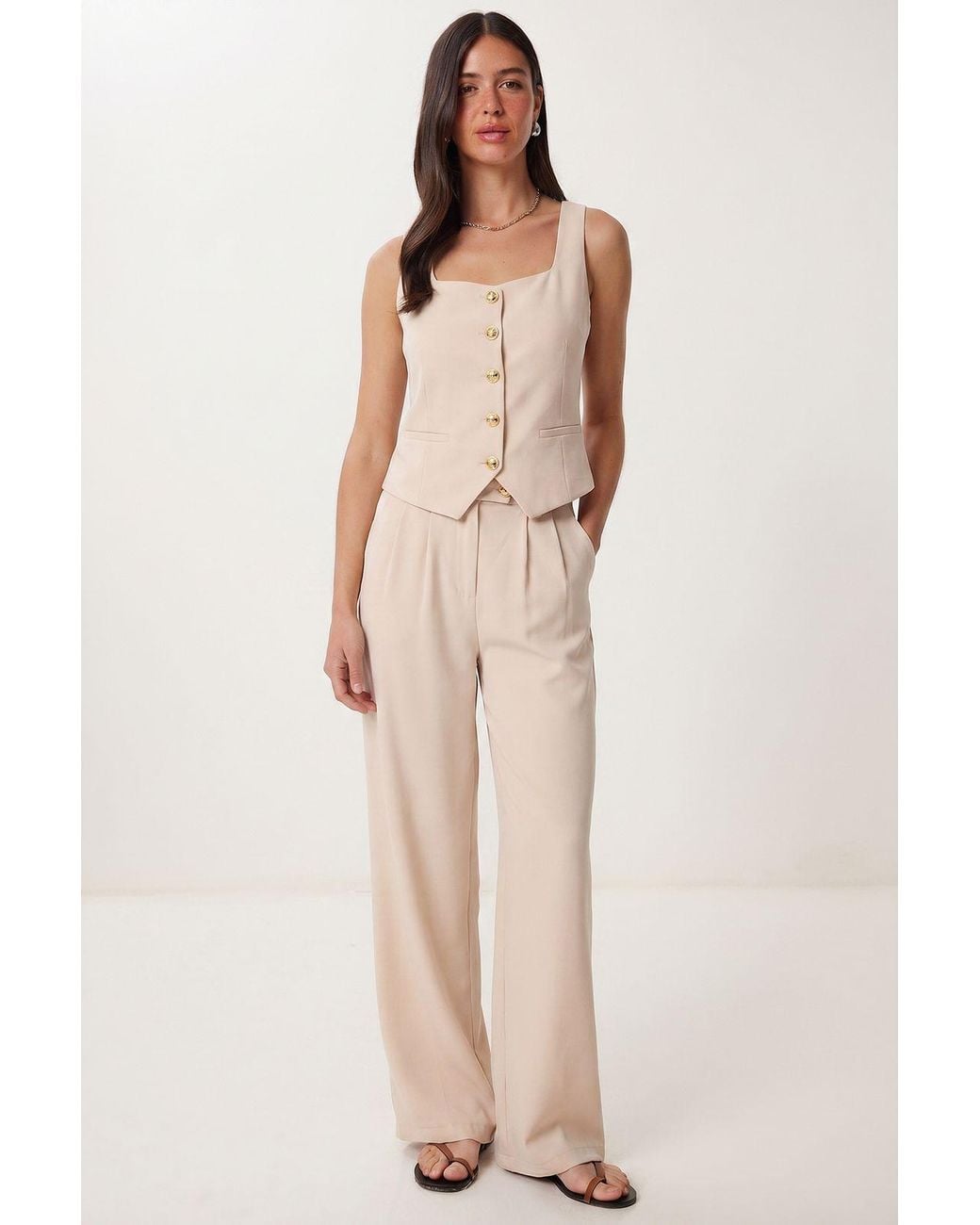 Happiness İstanbul Natural Two-Piece Vest And Wide-Leg Trouser Set