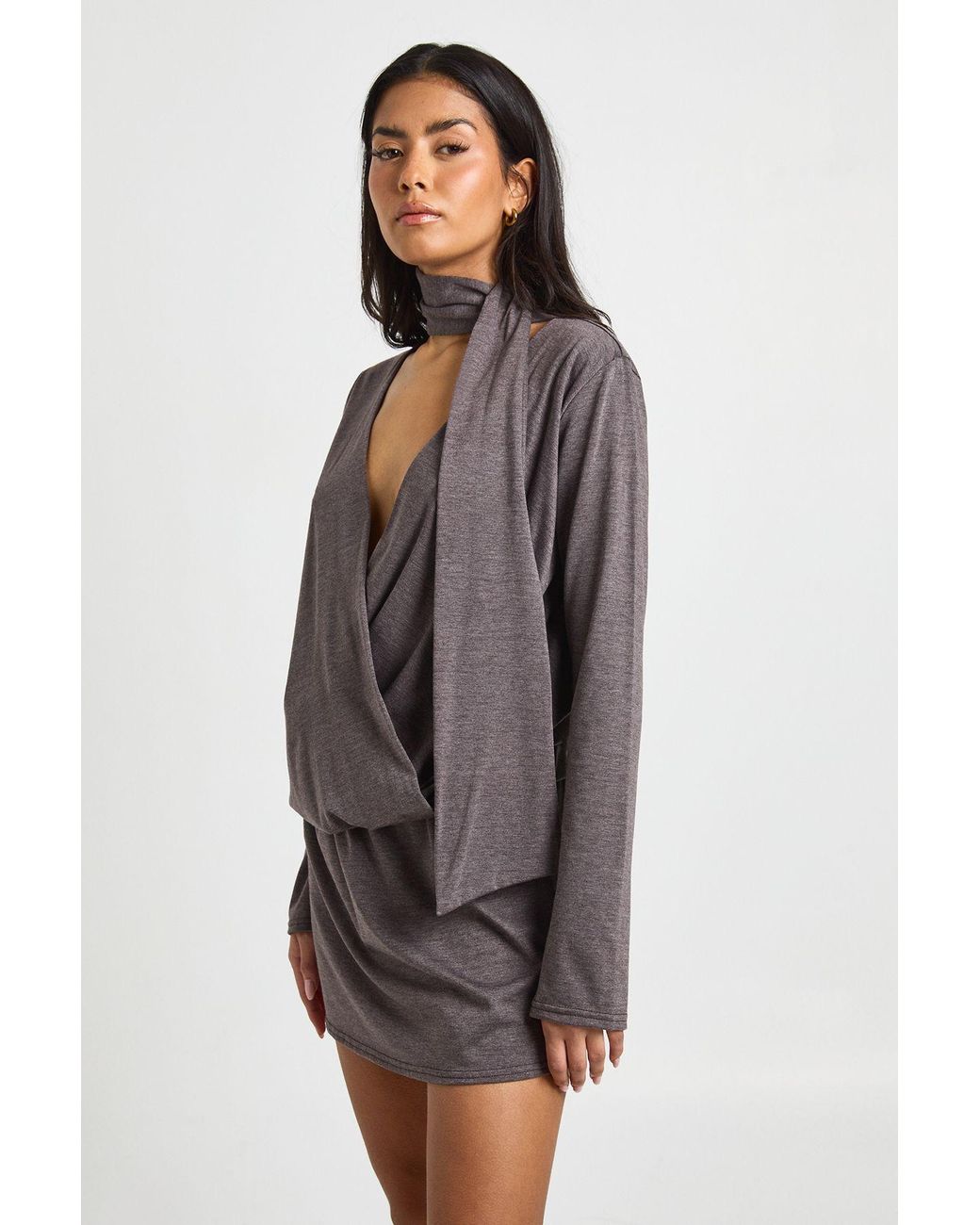 Boohoo Gray Marl Scarf Detail Wrap Skater Dress