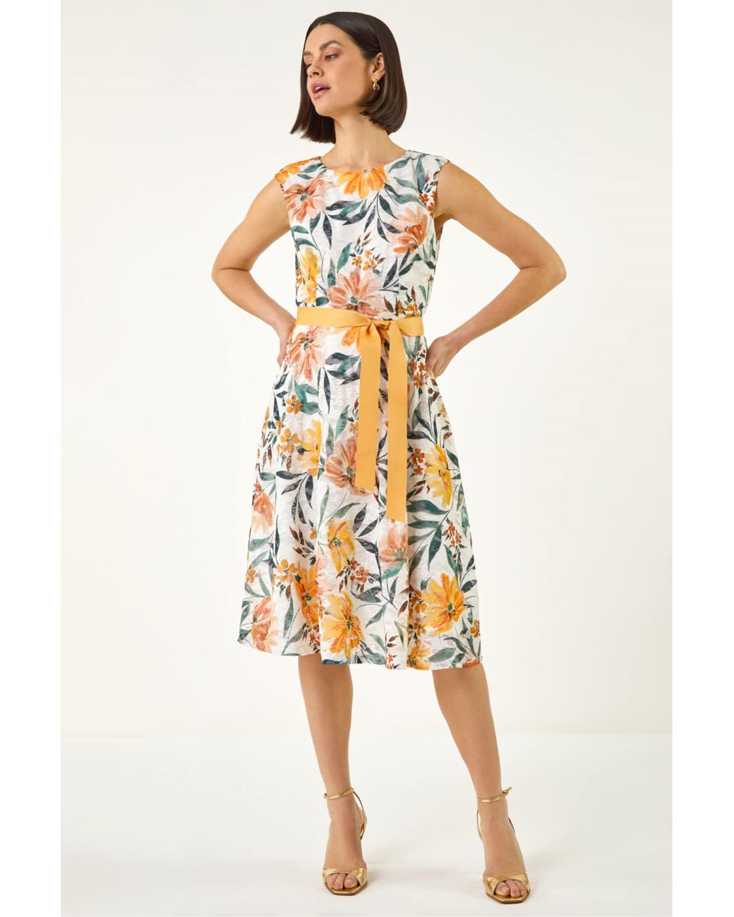 Roman Metallic Floral Print Lace Stretch Dress