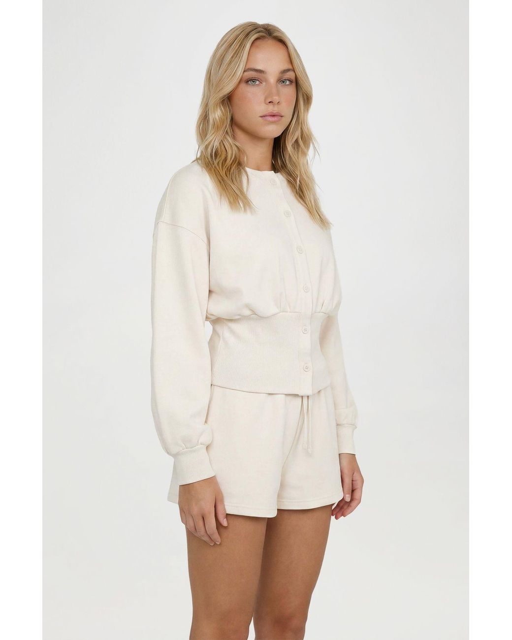 Boohoo White Cinched Waist Button Through Sweatshirt Short Tracksuit