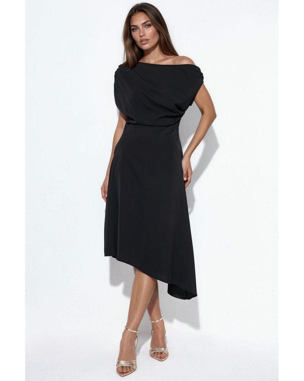 Hiccup Black Asymmetrical Collar Sleeveless Midi Dress