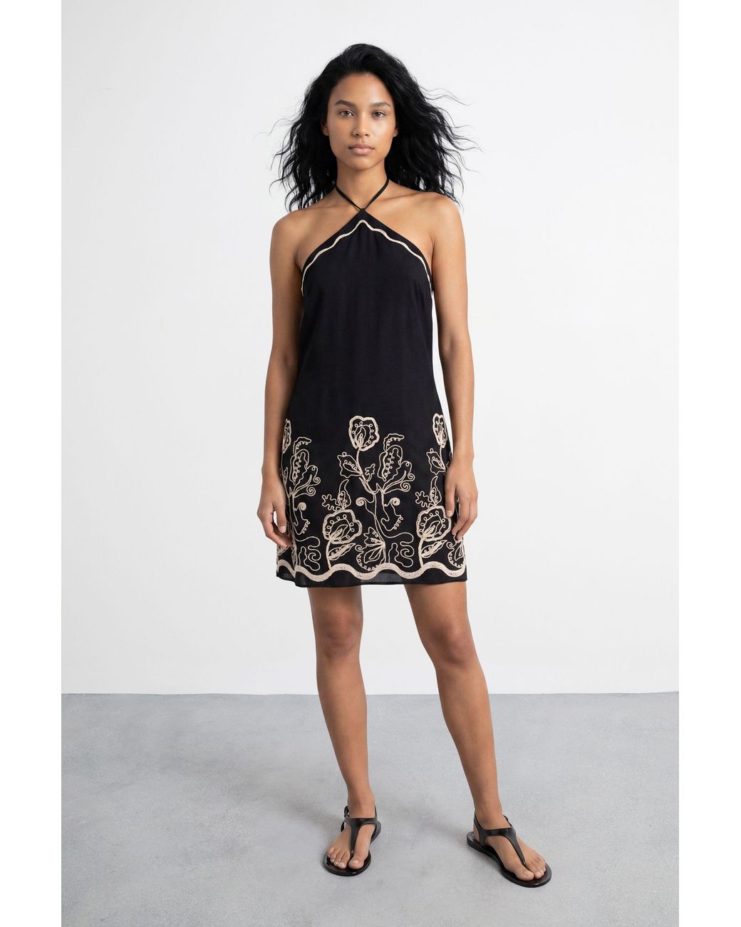 Warehouse Black Halter Embroidered Mini Dress