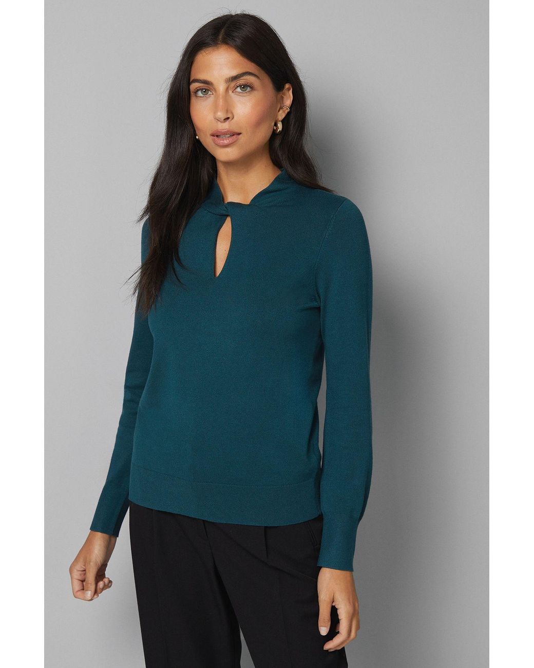 Wallis Blue Twist Neck Keyhole Jumper
