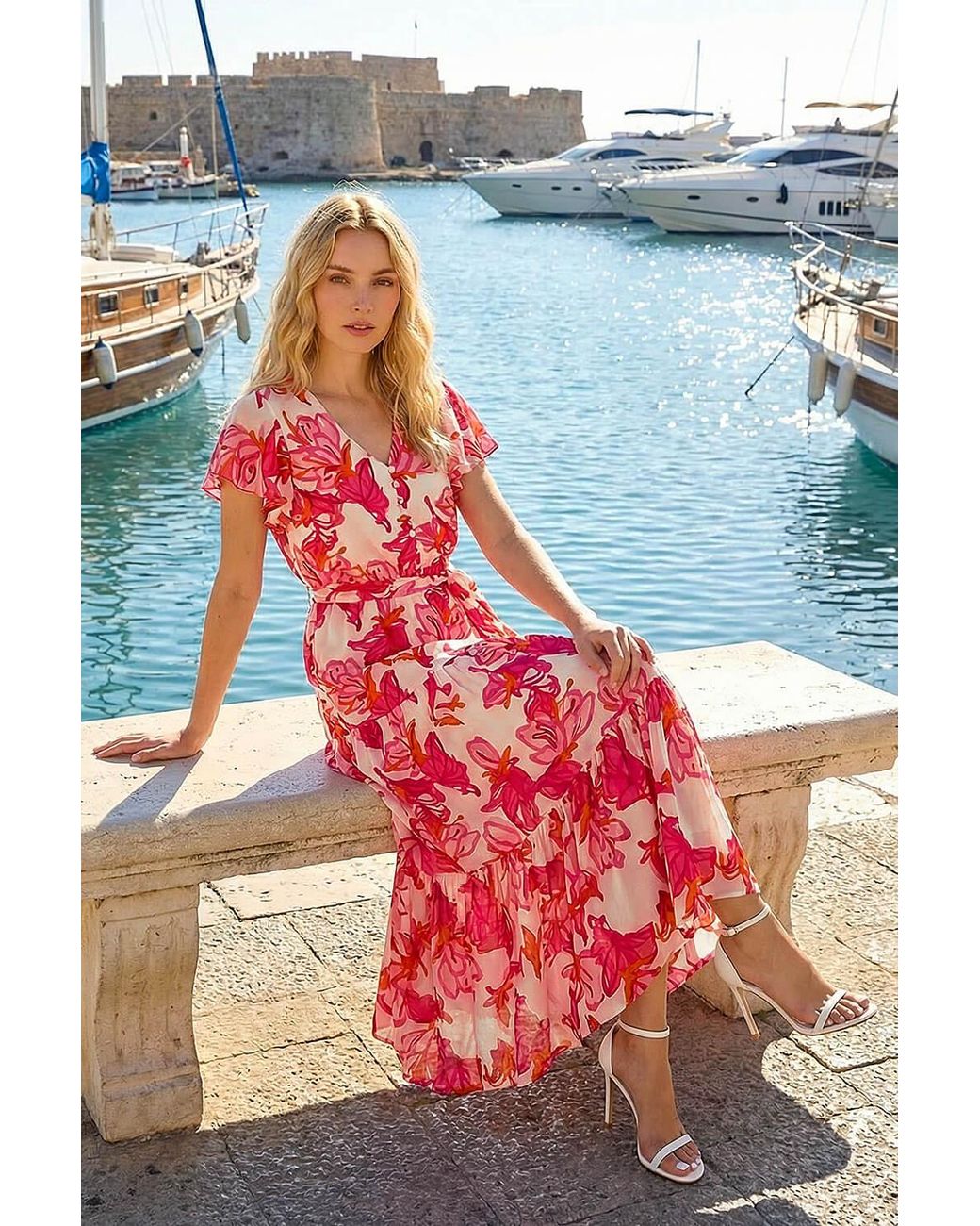 Roman Floral Tiered Tie Waist Midi Dress