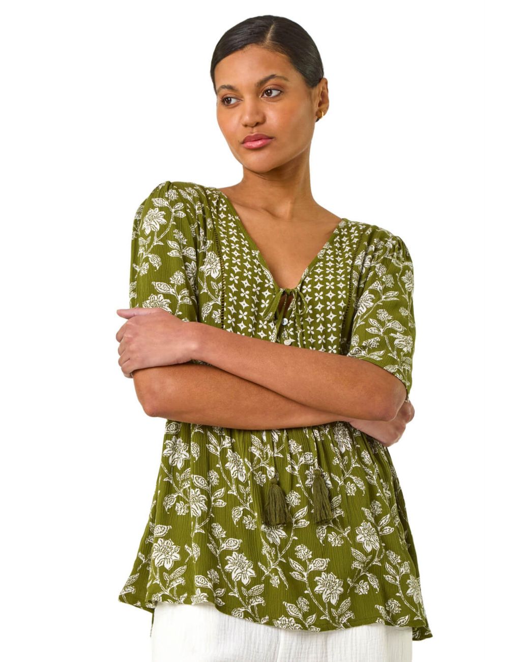 Roman Green Floral Print Tassel Tunic Top