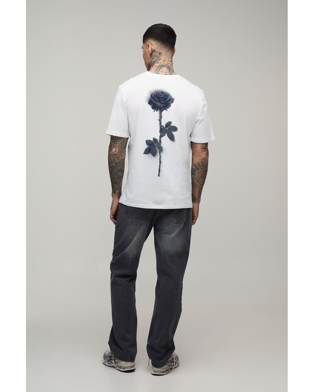 BoohooMAN Gray Tall Regular Blurred Floral Back Print T-Shirt Cotton for men
