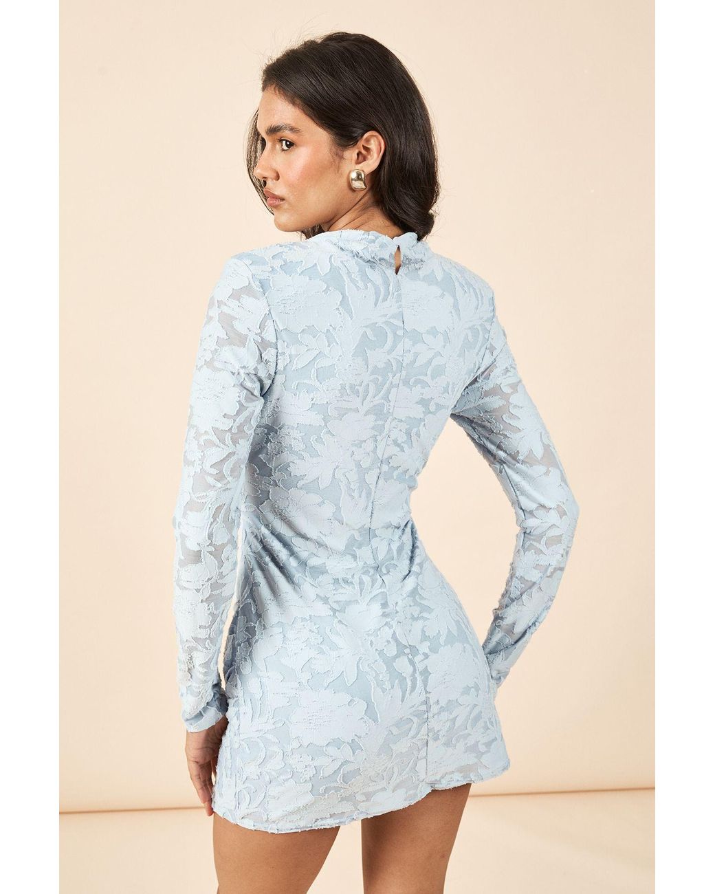 Boohoo Blue Burnout Floral Long Sleeve Drape Front Bodycon Dress