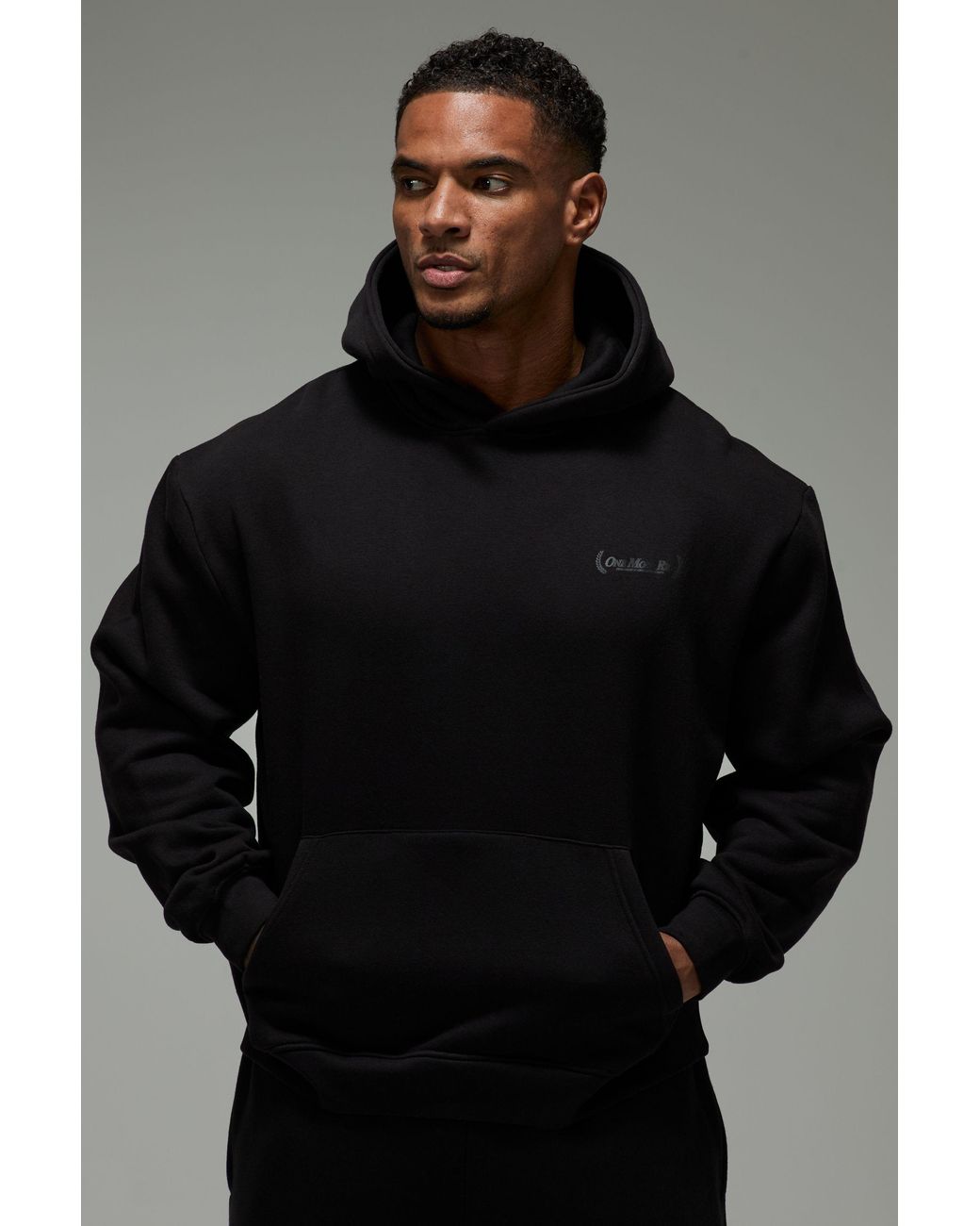 BoohooMAN Black One More Rep Oversized Boxy Embossed Hoodie for men