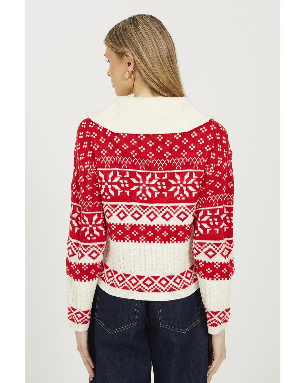 Brave Soul Red Zip Through Fairisle Christmas Cardigan