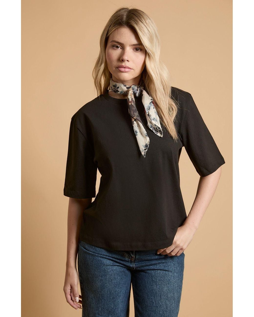 Oasis Black T-Shirt With Printed Patchwork Neck Scarf