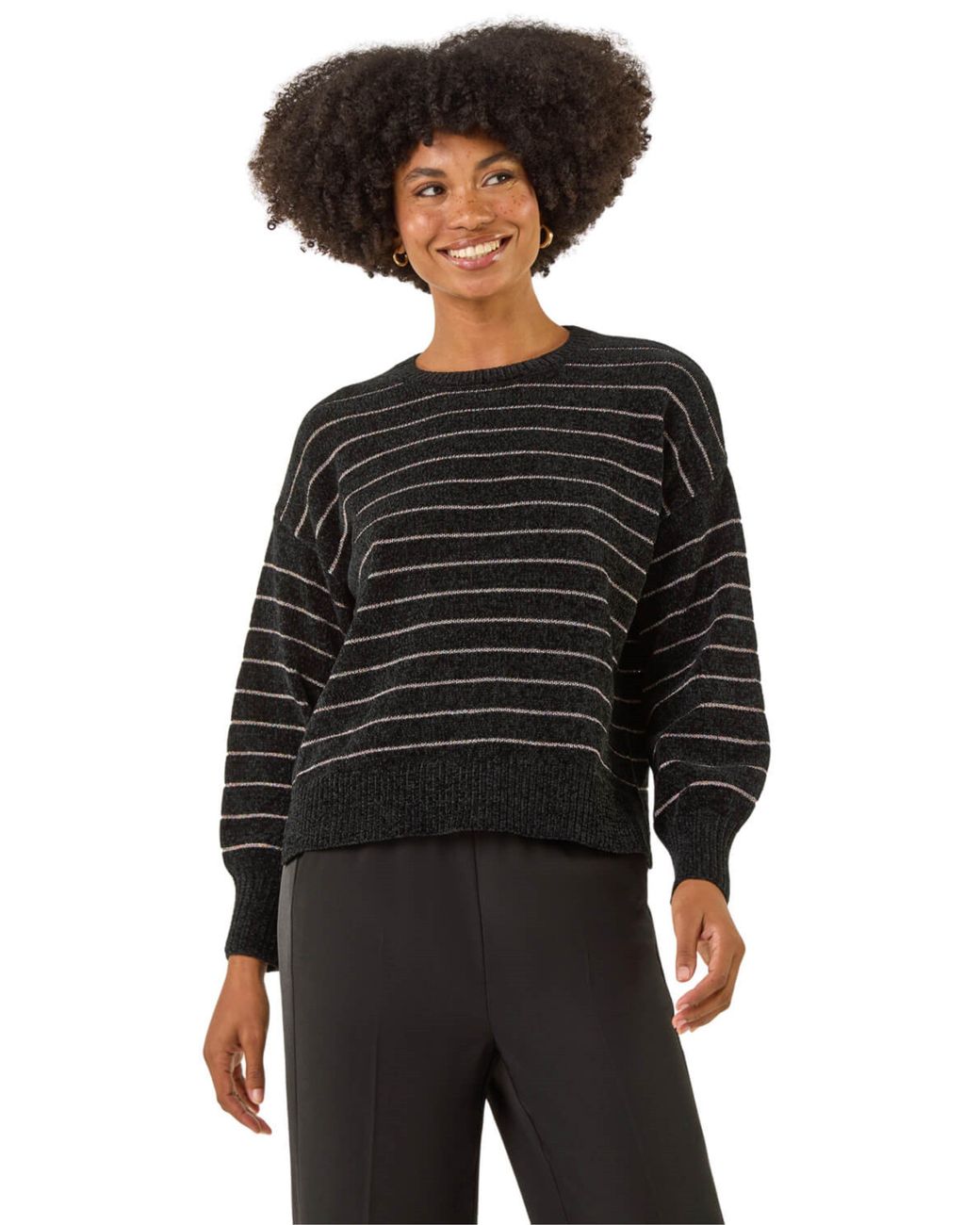 Roman Black Fluffy Stripe Knit Jumper