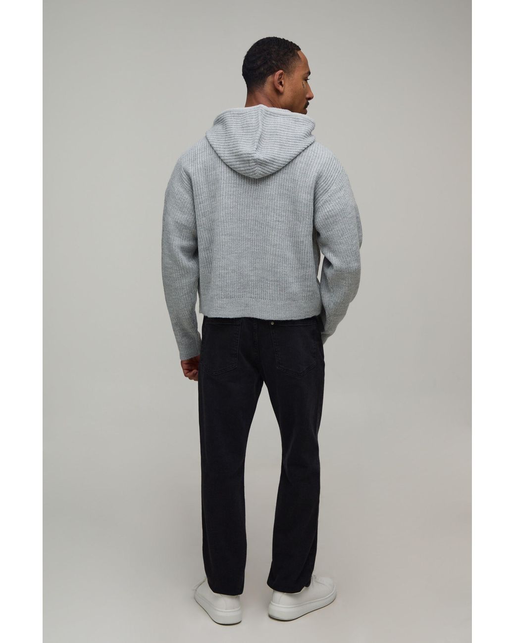 BoohooMAN Gray Boxy Fit Ribbed Knitted Hoodie for men