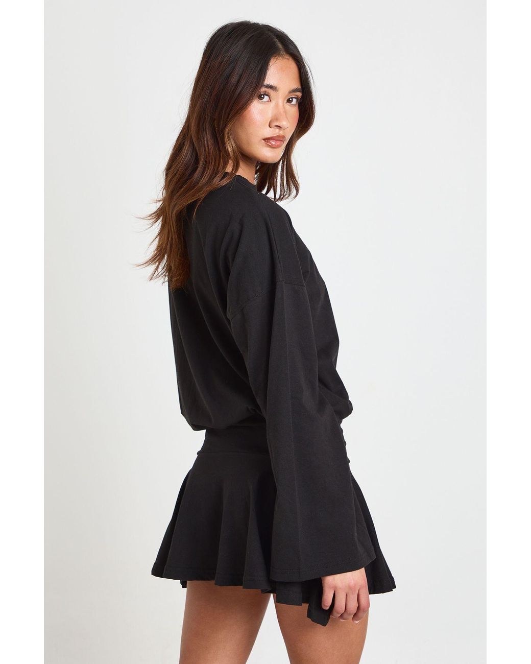 Boohoo Black Long Sleeve Cinched Waist Skater Tshirt Dress