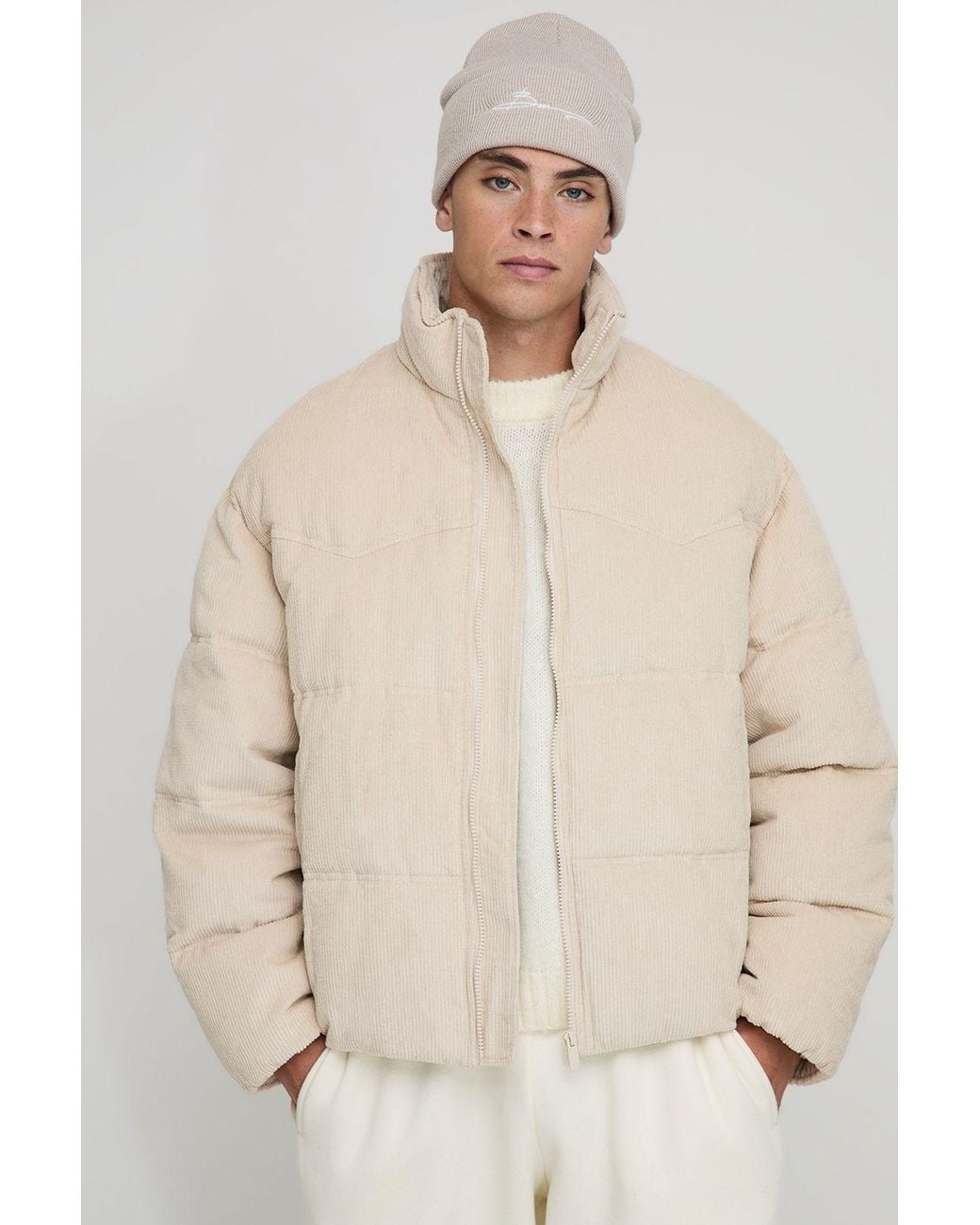 BoohooMAN Natural Regular Fit Western Yoke Detail Cord Funnel Neck Puffer Jacket for men