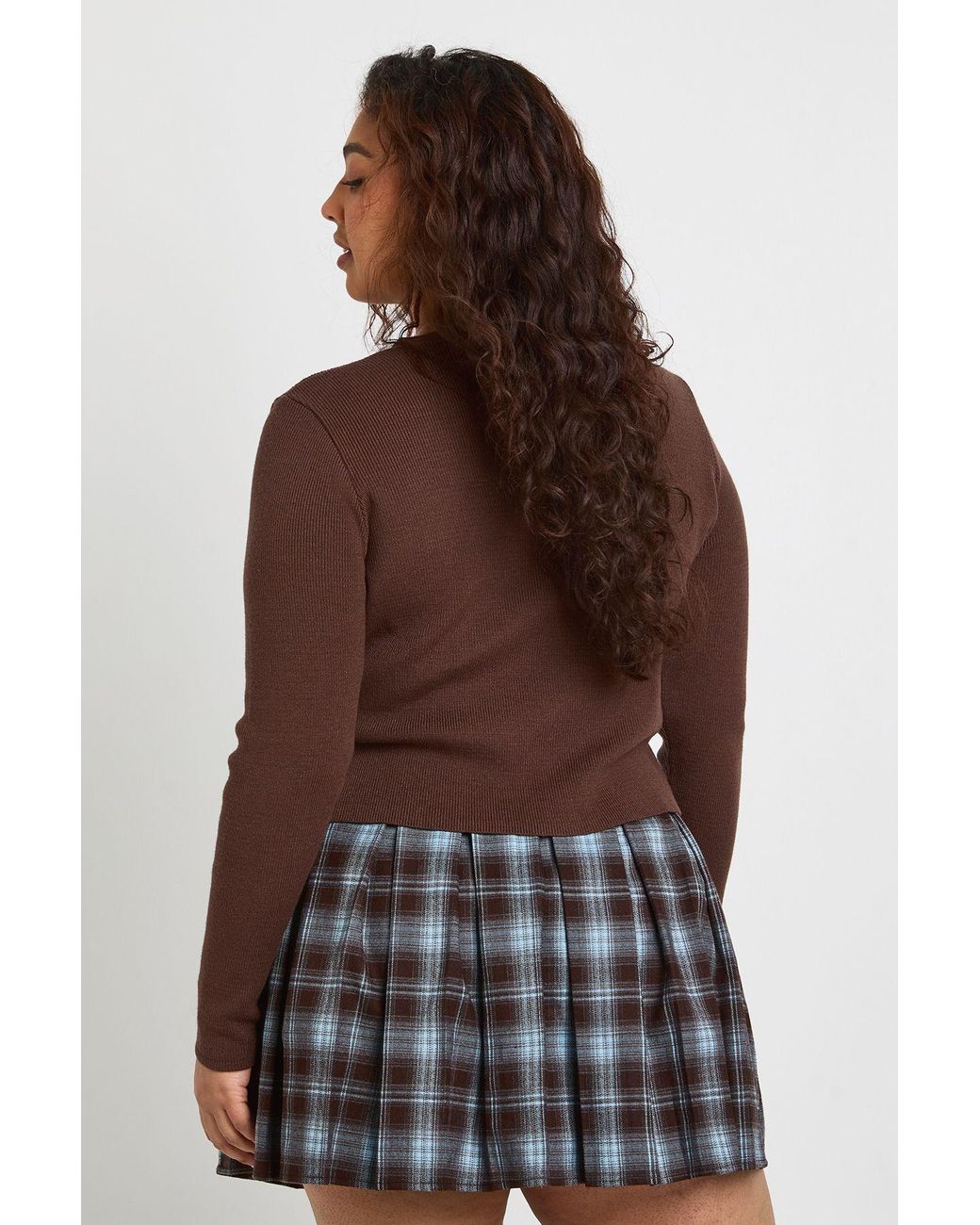 Boohoo Brown Plus Collared Stripe Crew Neck Cardigan