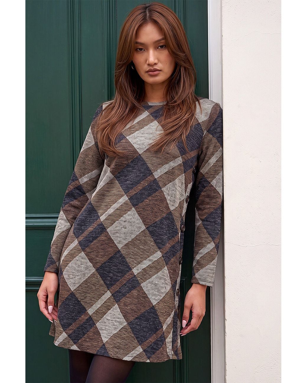 Roman Brown Check Print Swing Dress