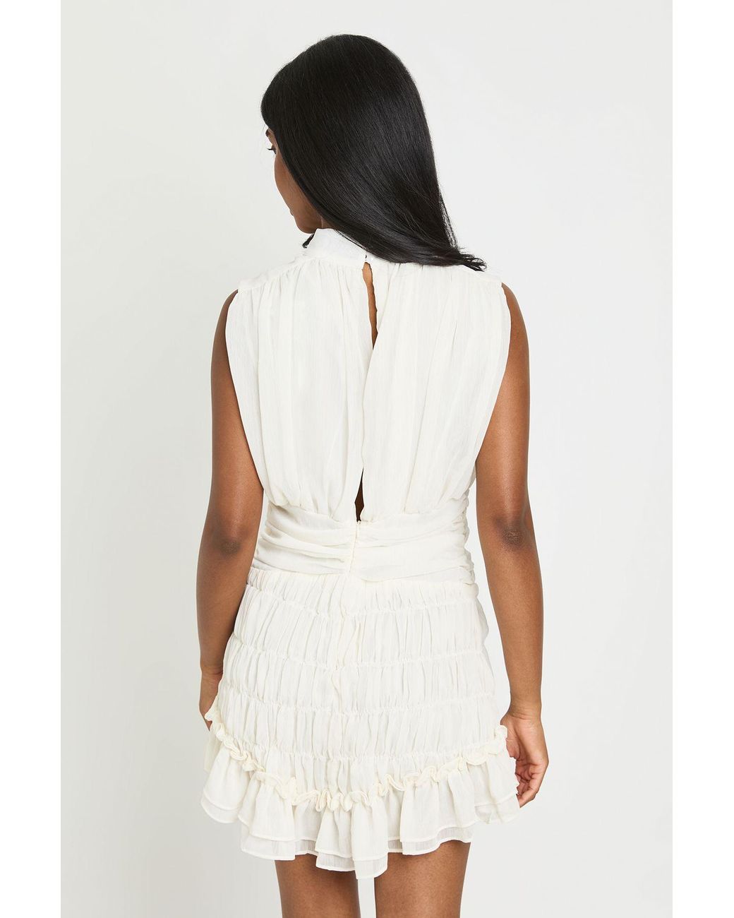 Boohoo White Textured Chiffon High Neck Drop Hem Mini Dress