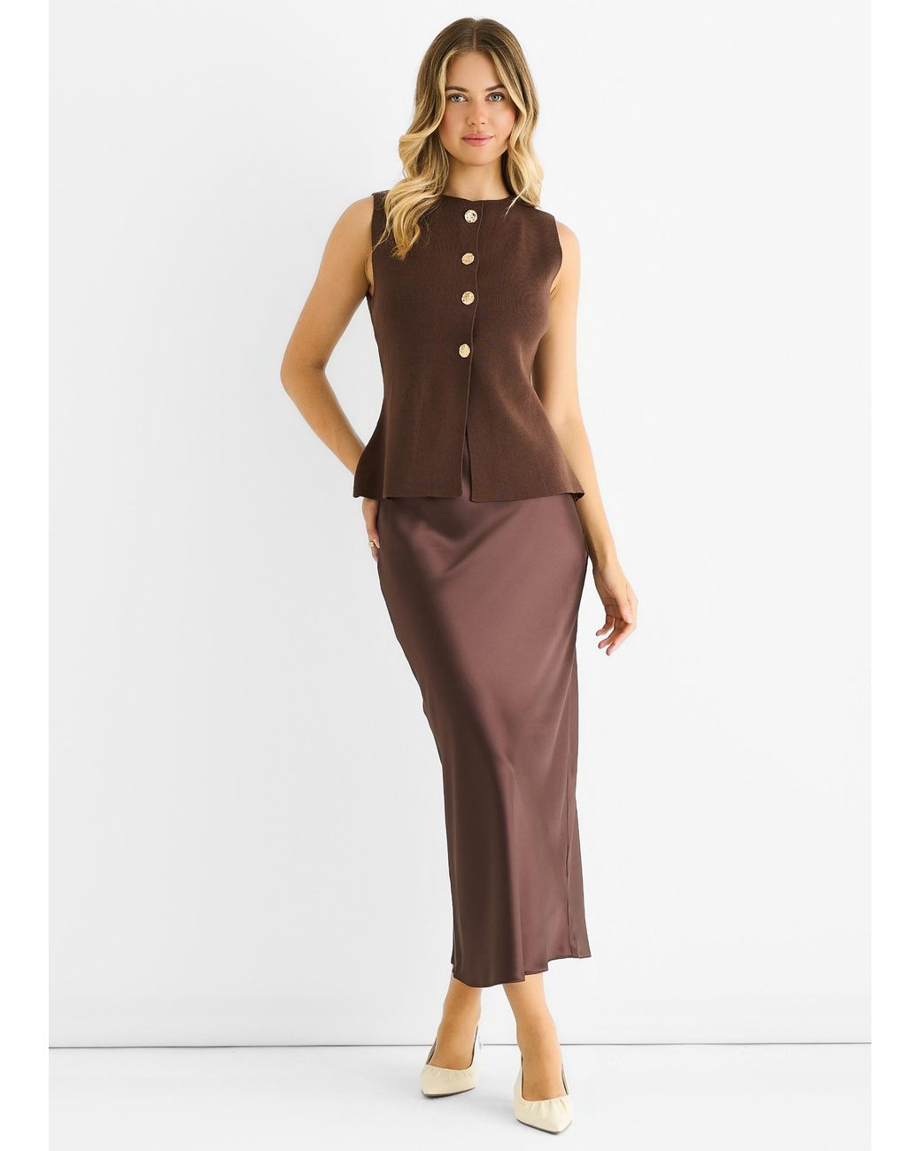 Gini London Brown Button Front Compact Knit Waistcoat
