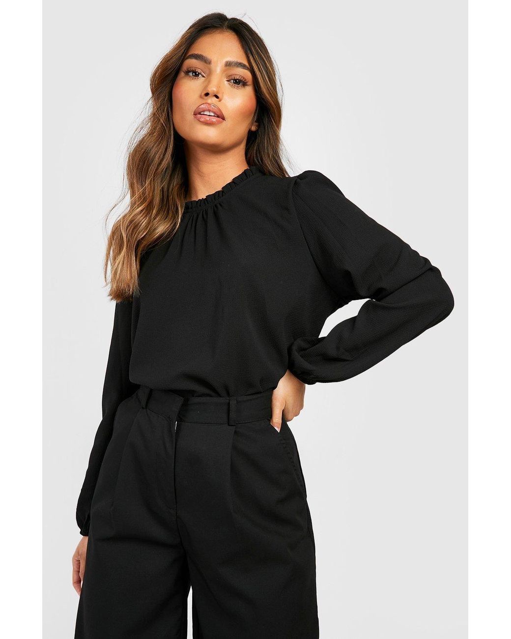 Boohoo Black Frill Neck Long Sleeve Woven Blouse