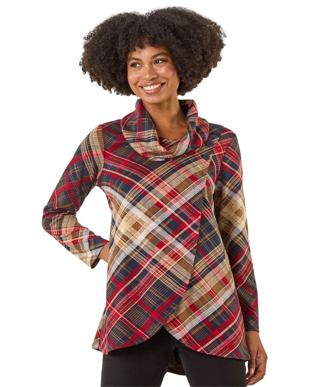 Roman Red Plaid Cowl Neck Buttoned Top