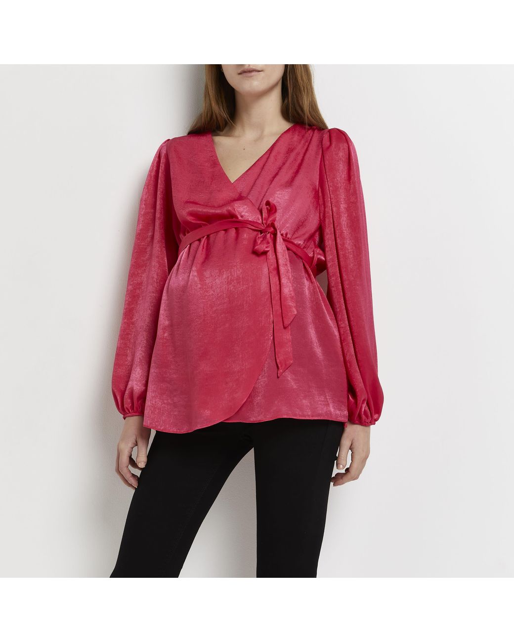 River Island Red Pink Satin Maternity Wrap Blouse