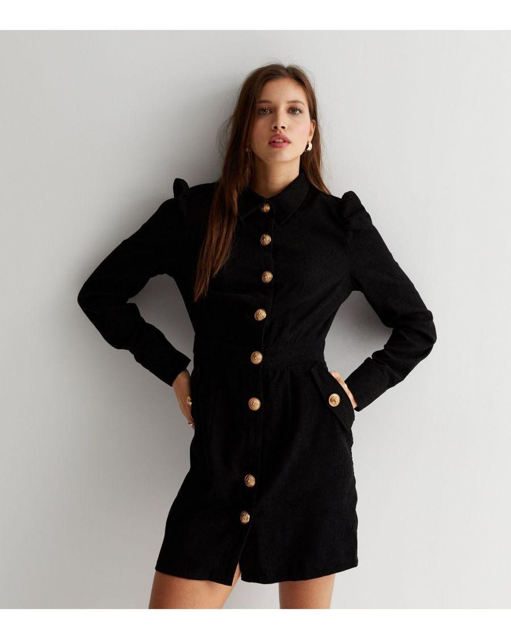 Gini London Black Corduroy Mini Shirt Dress