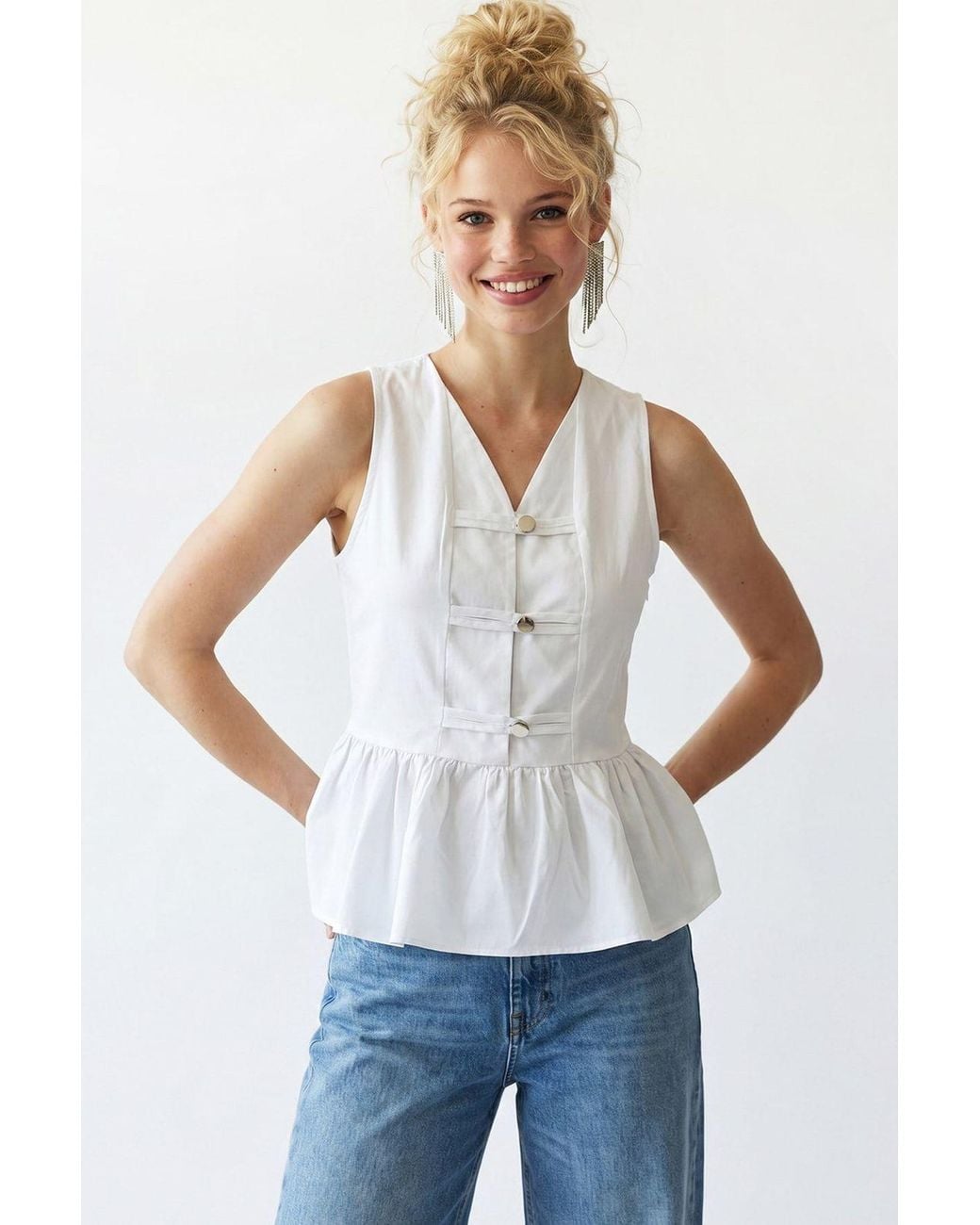 MixRay White Sleeveless Poplin Peplum Blouse