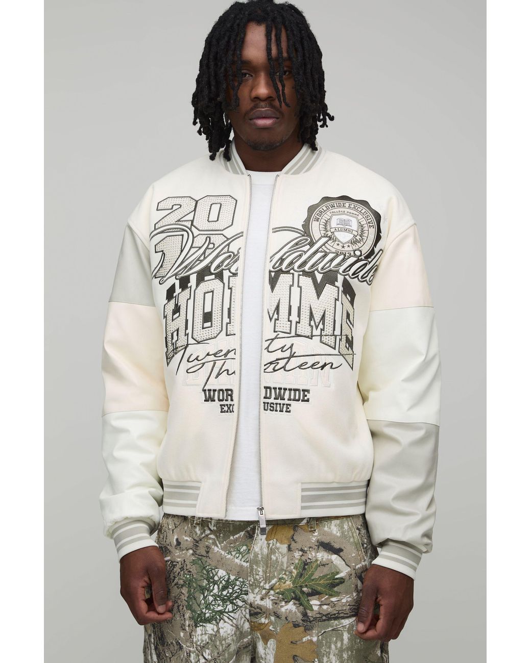 BoohooMAN Gray Tall Melton & Pu Mixed Fabric Embellished Varsity Jacket for men