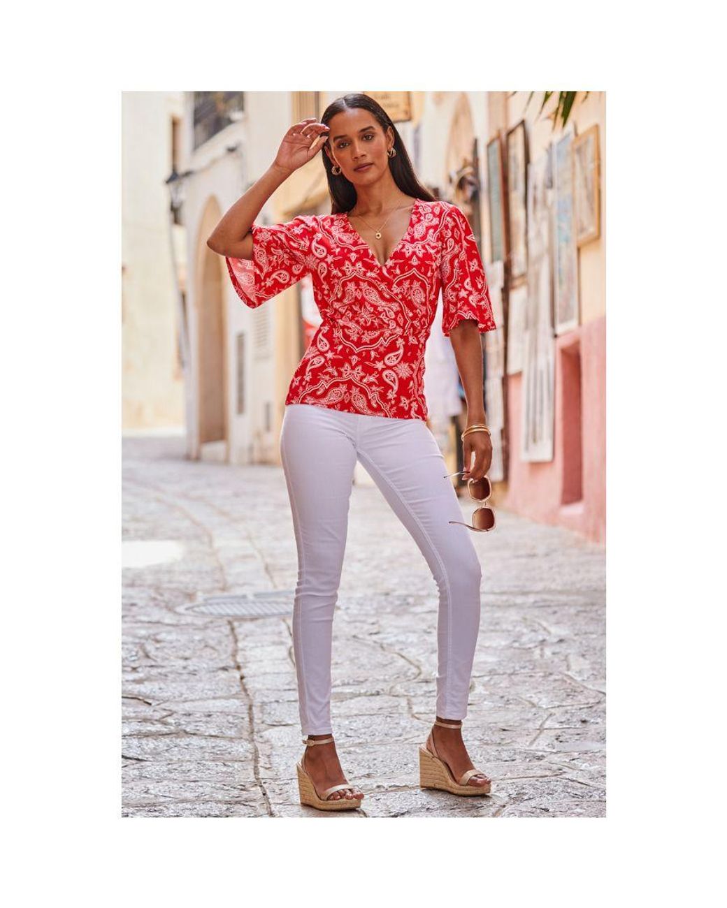 Sosandar Paisley Print Shirred Hem Faux Wrap Jersey Top Viscose