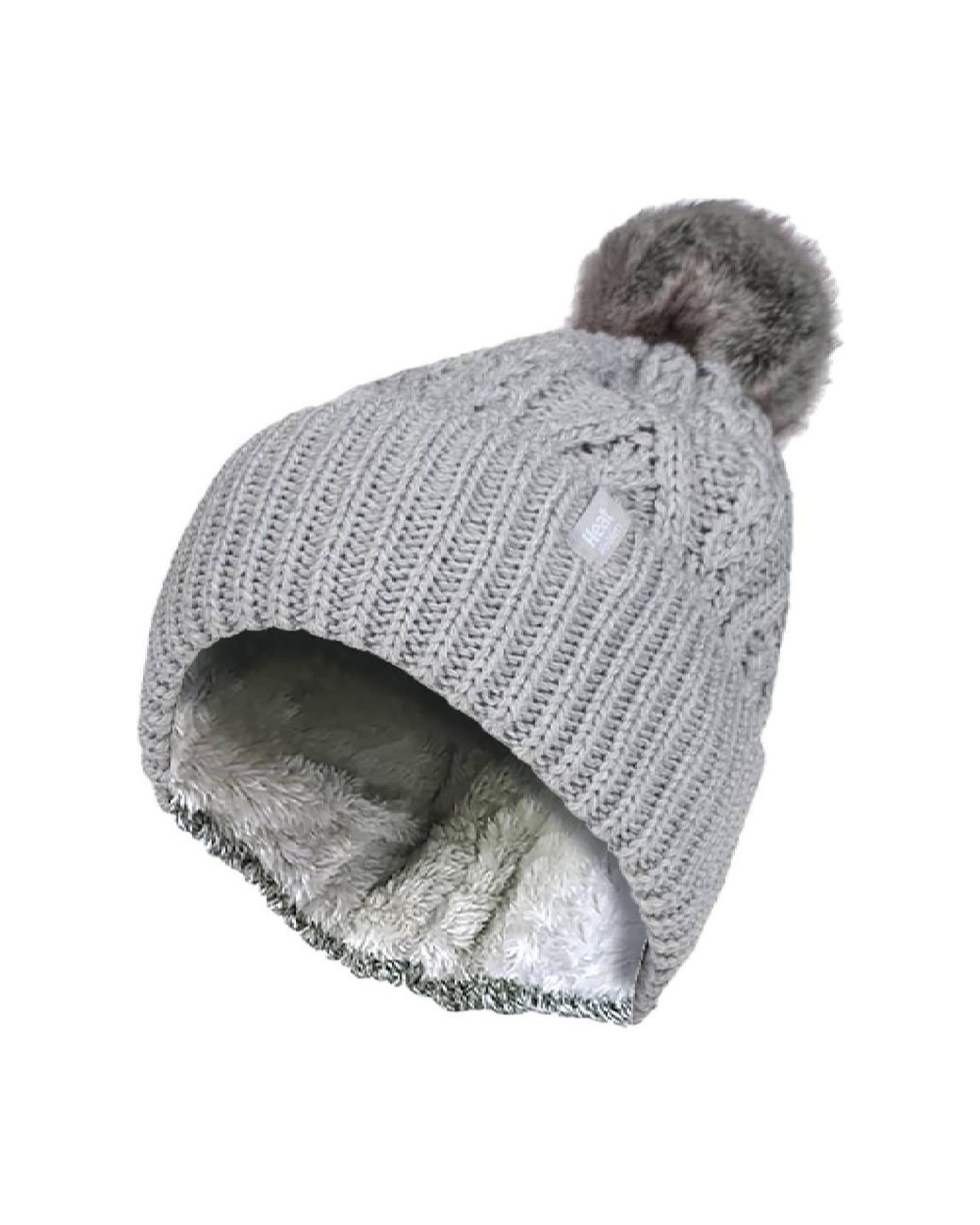 Heat Holders Gray Ladies Knitted Turnover Cuffed Pom Pom Beanie Hat With Bobble