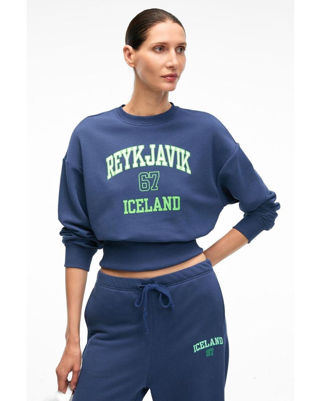 Grimelange Blue Crop Crew Neck Printed Sweatshirt
