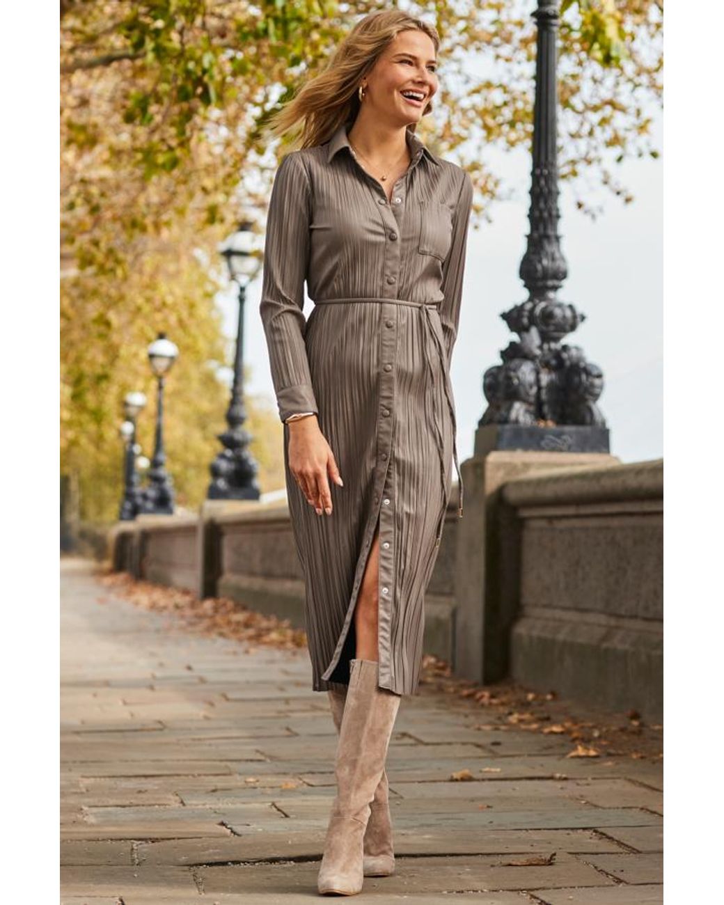 Sosandar Metallic Taupe Leather Look Plisse Shirt Dress With Belt