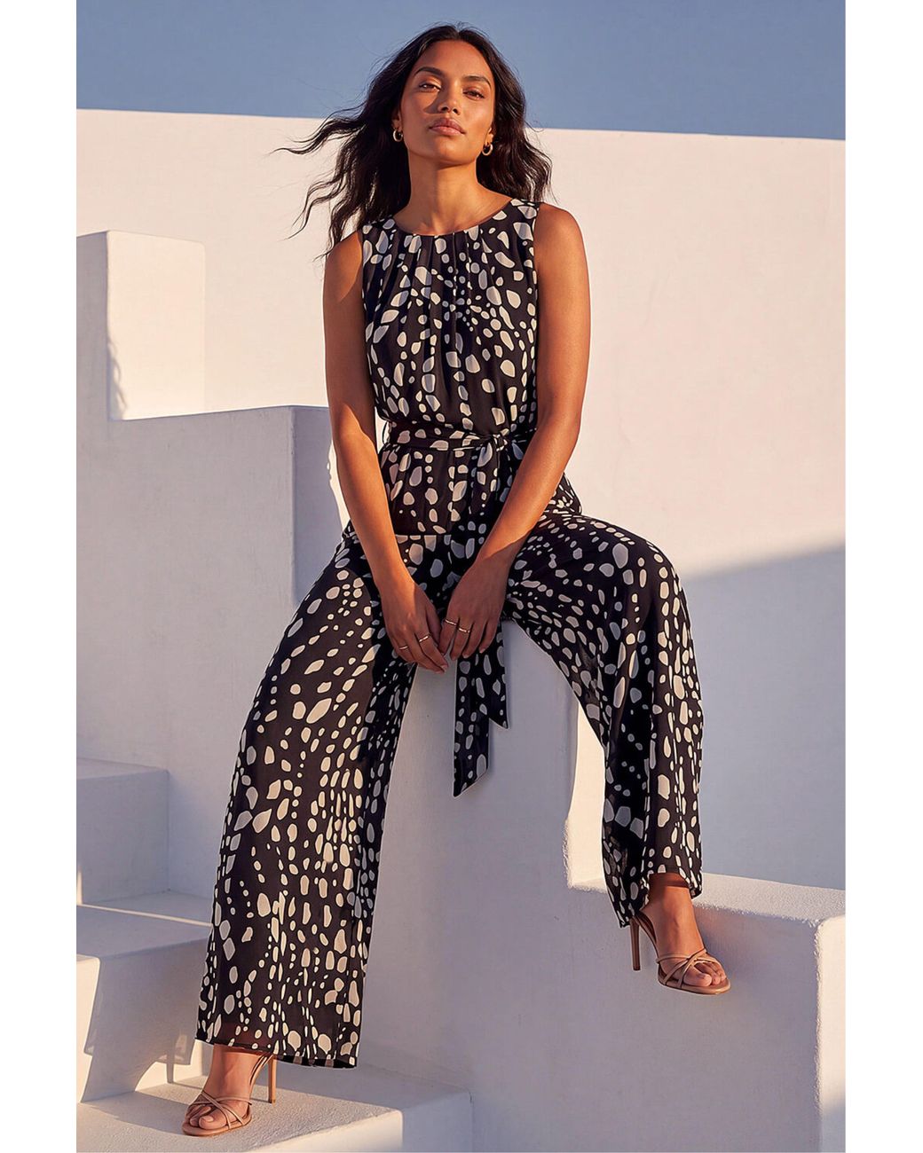 Roman Black Animal Print Pleat Neck Jumpsuit