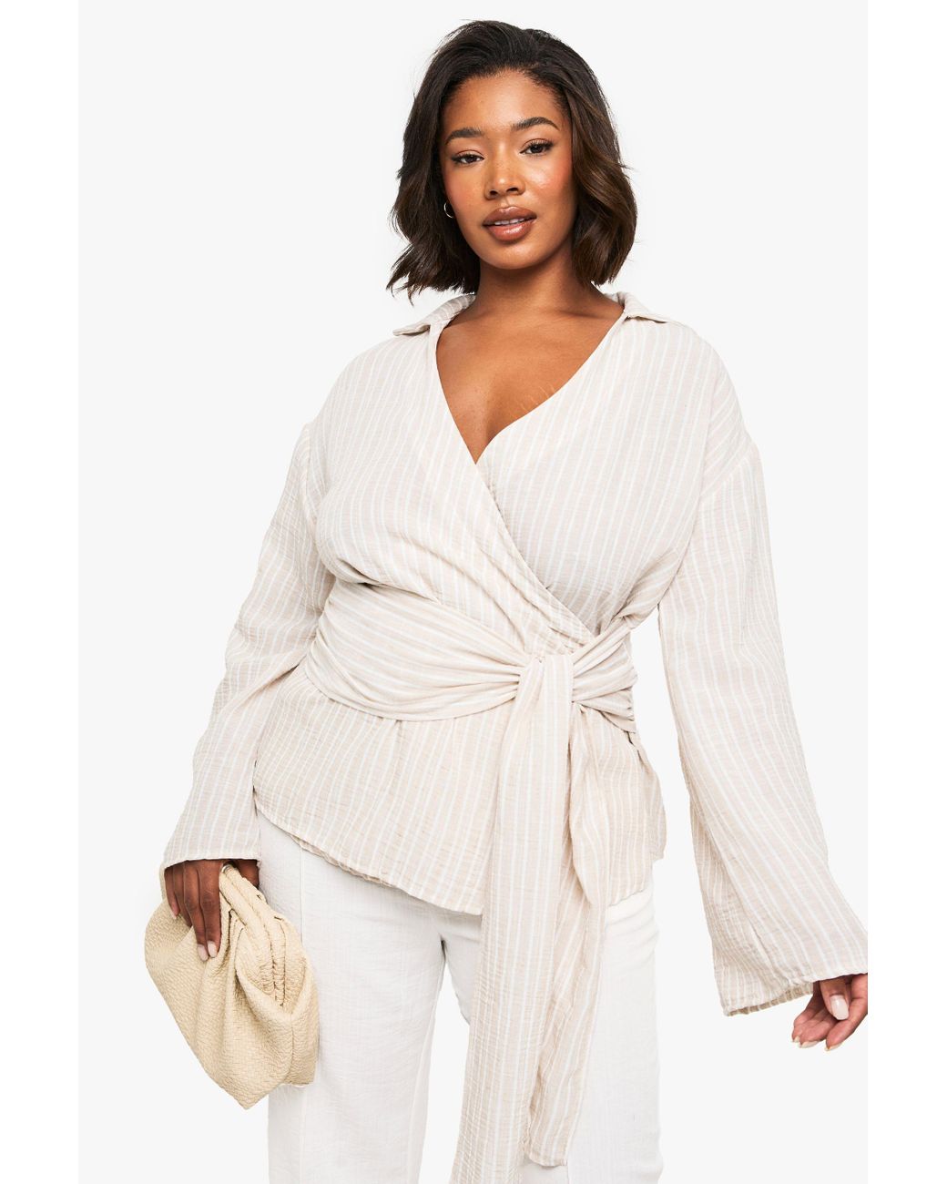 Boohoo White Plus Tie Front Stripe Blouse