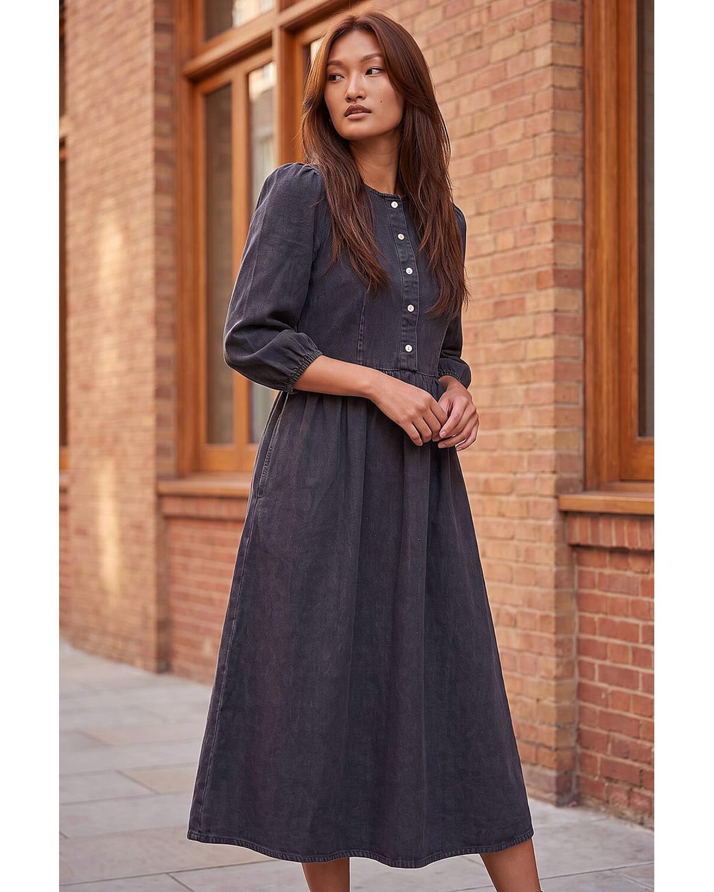 Roman Blue Popper Buttoned Midi Dress