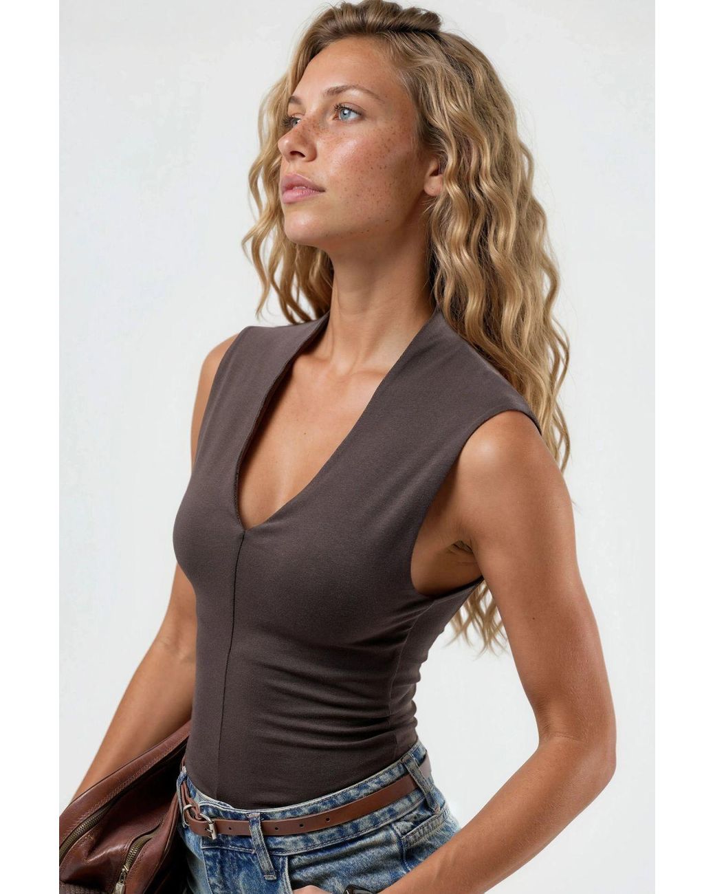 Busem Brown V-Neck Sleeveless Drape Blouse