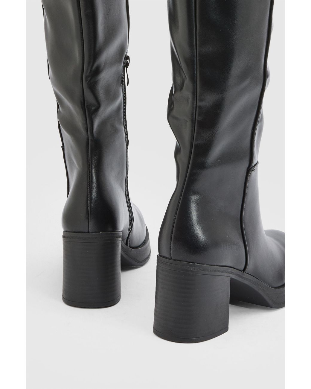 Faith Black Sealia Faux Leather Medium Block Heel High Leg Boots