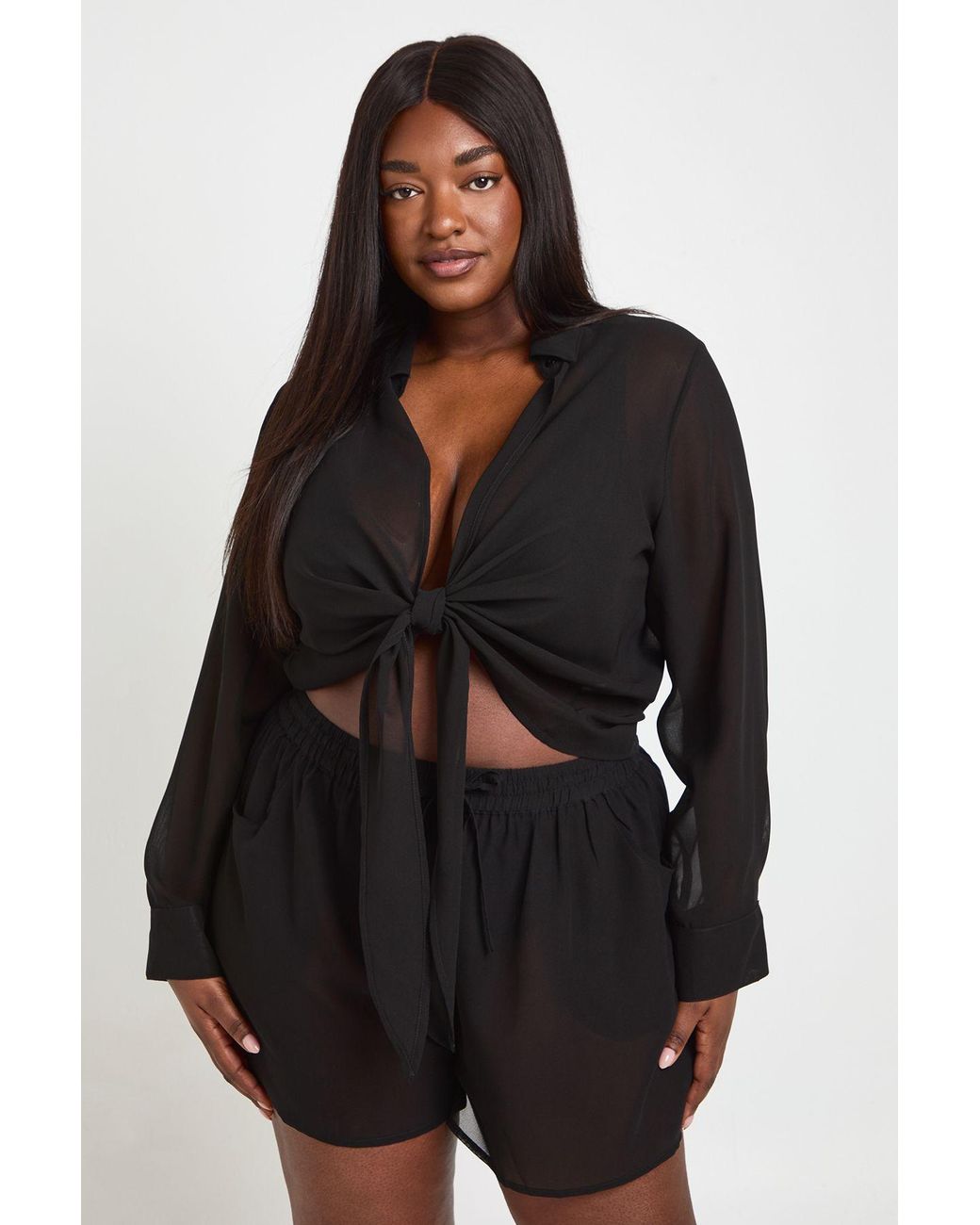 Boohoo Black Plus Chiffon Tie Front Shirt