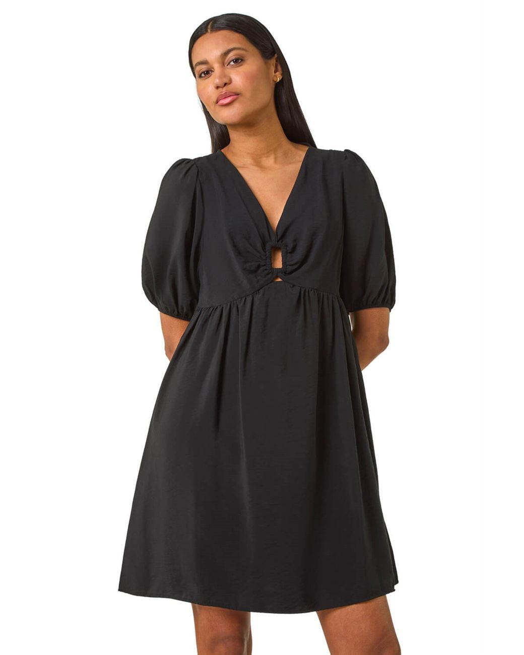 Roman Black Ring Detail V-Neck Gathered Dress