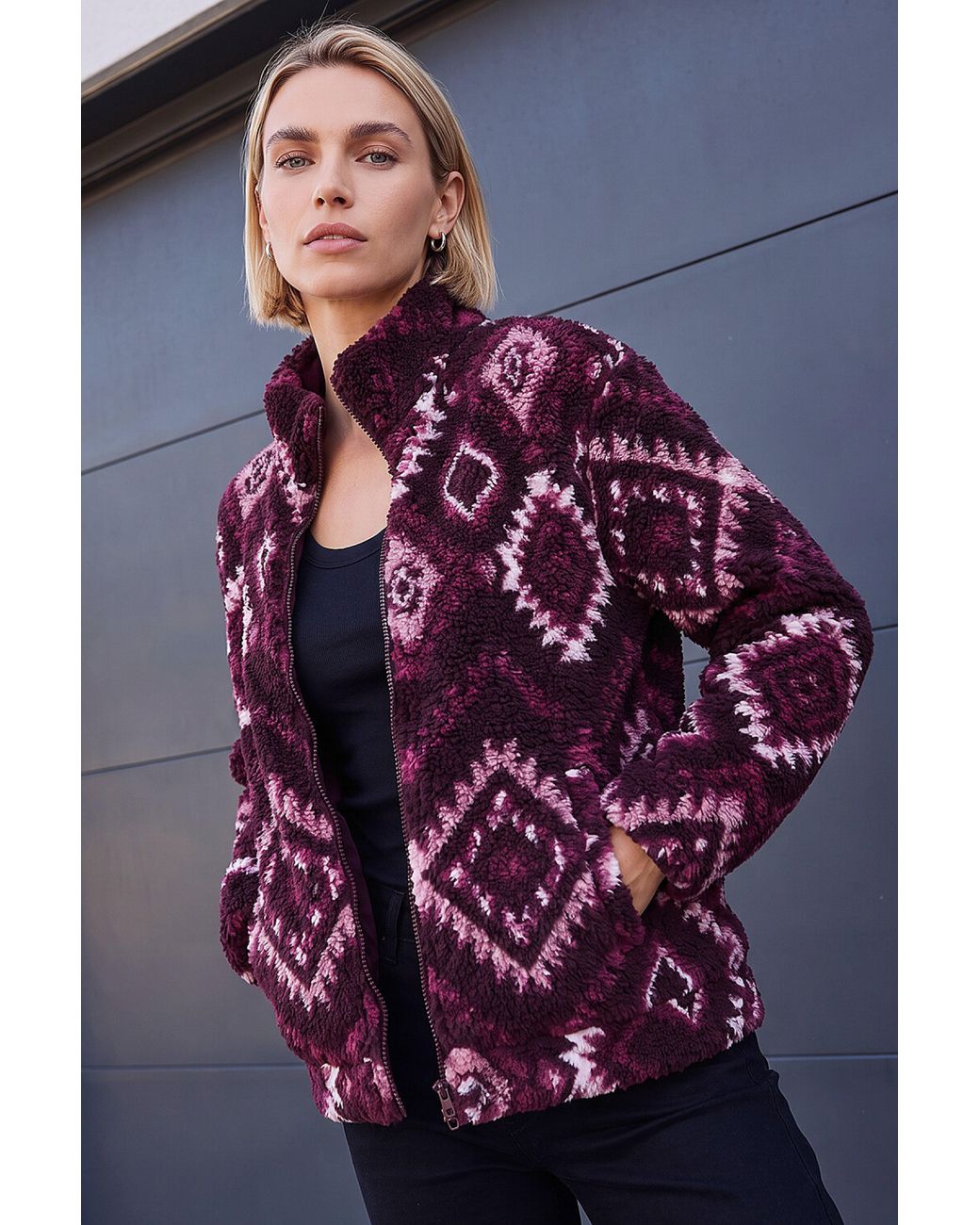Roman Purple Aztec Zip Fleece Jacket