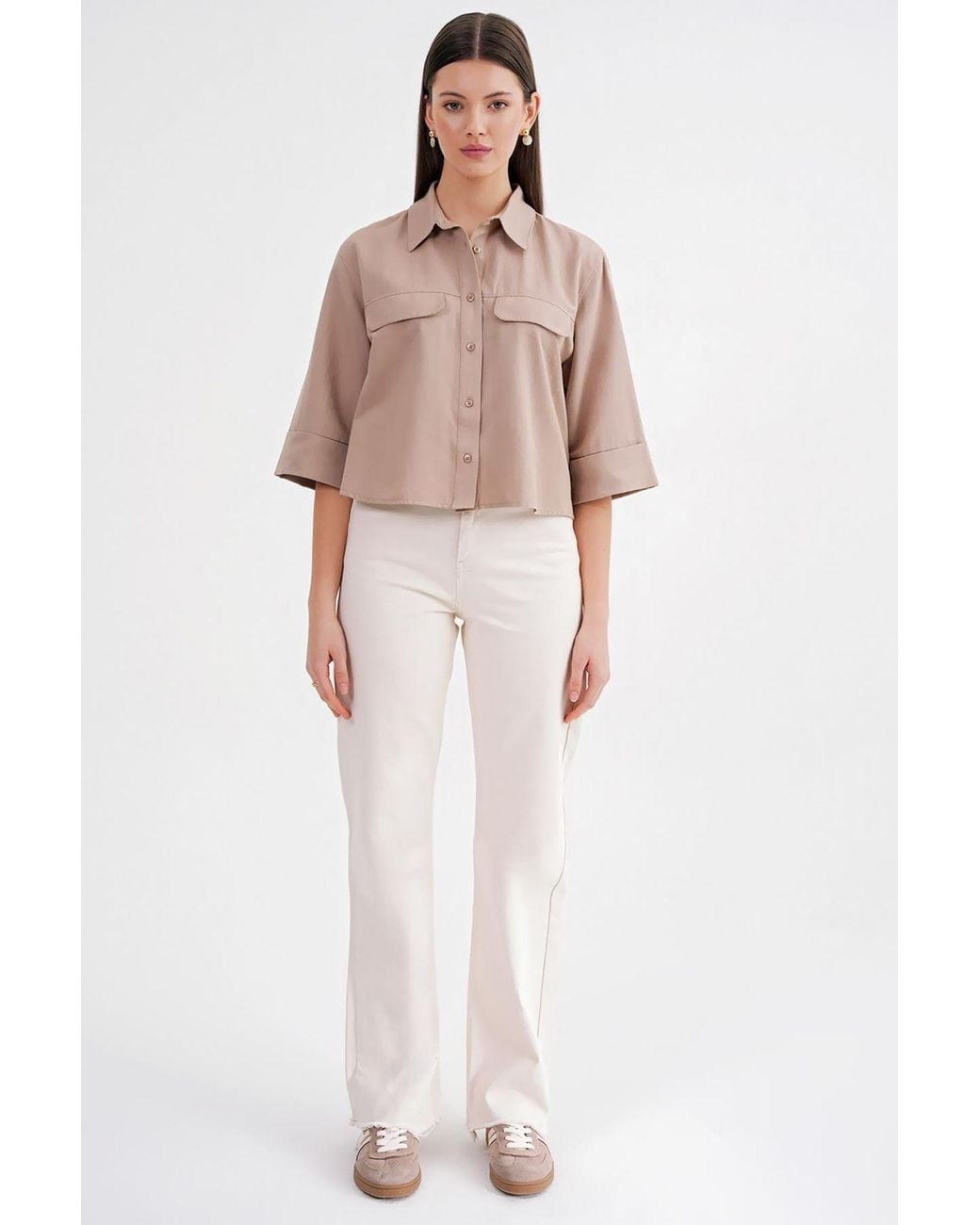 MixRay Natural Short Sleeve Crop Poplin Shirt