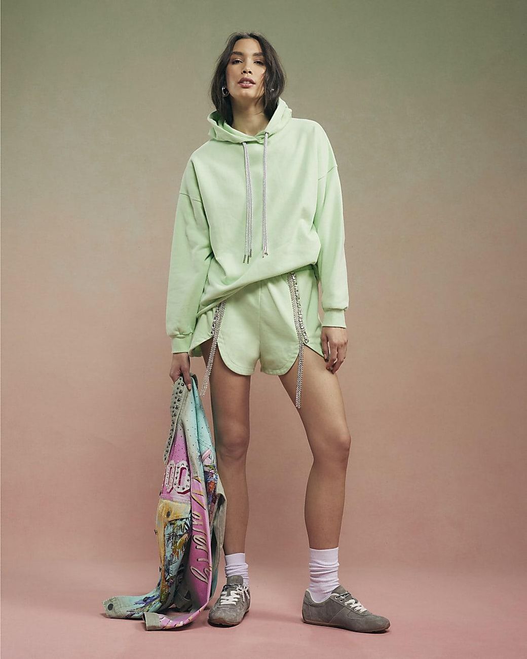 River Island Green Shorts Year Zero Embellished Elasticated