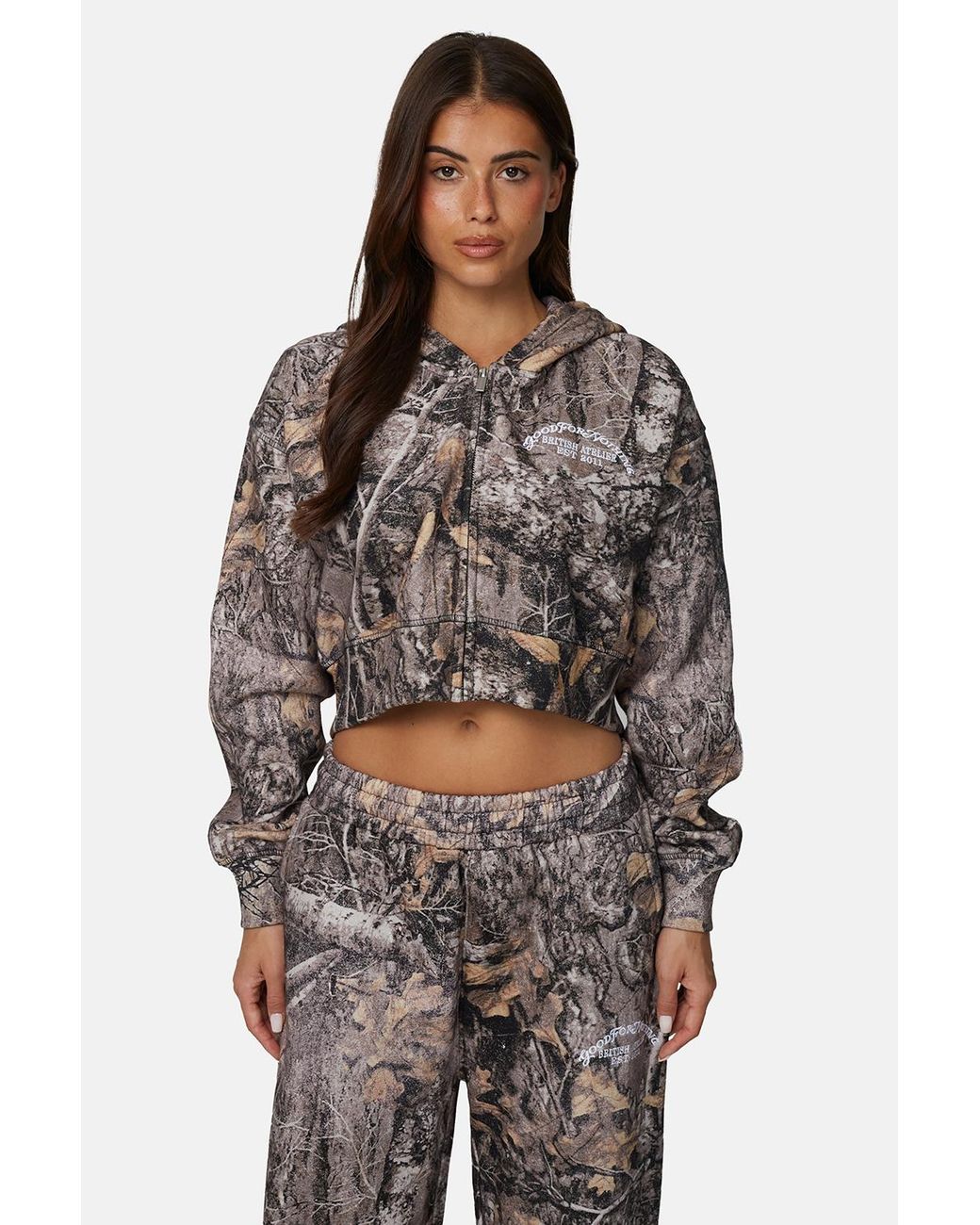 Good For Nothing Brown Cropped Oversized Camo Zip Hoodie